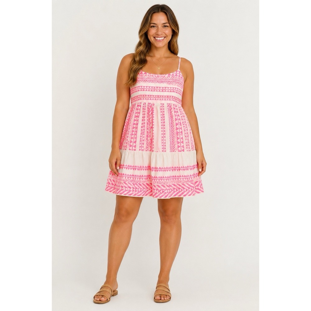 Francesca's Mi Ami Boho Mini Dress XL Neon Coral Pink White Tribal Geometric NWT